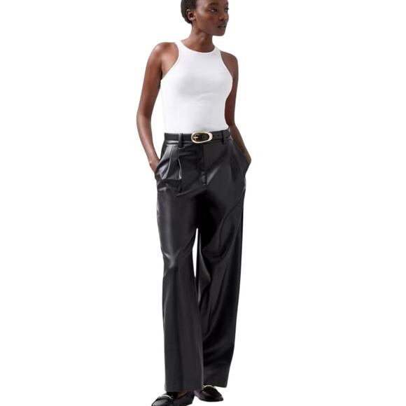 NWT French Connection Black Wide Leg Faux Leather Pants - Picture 1 of 12